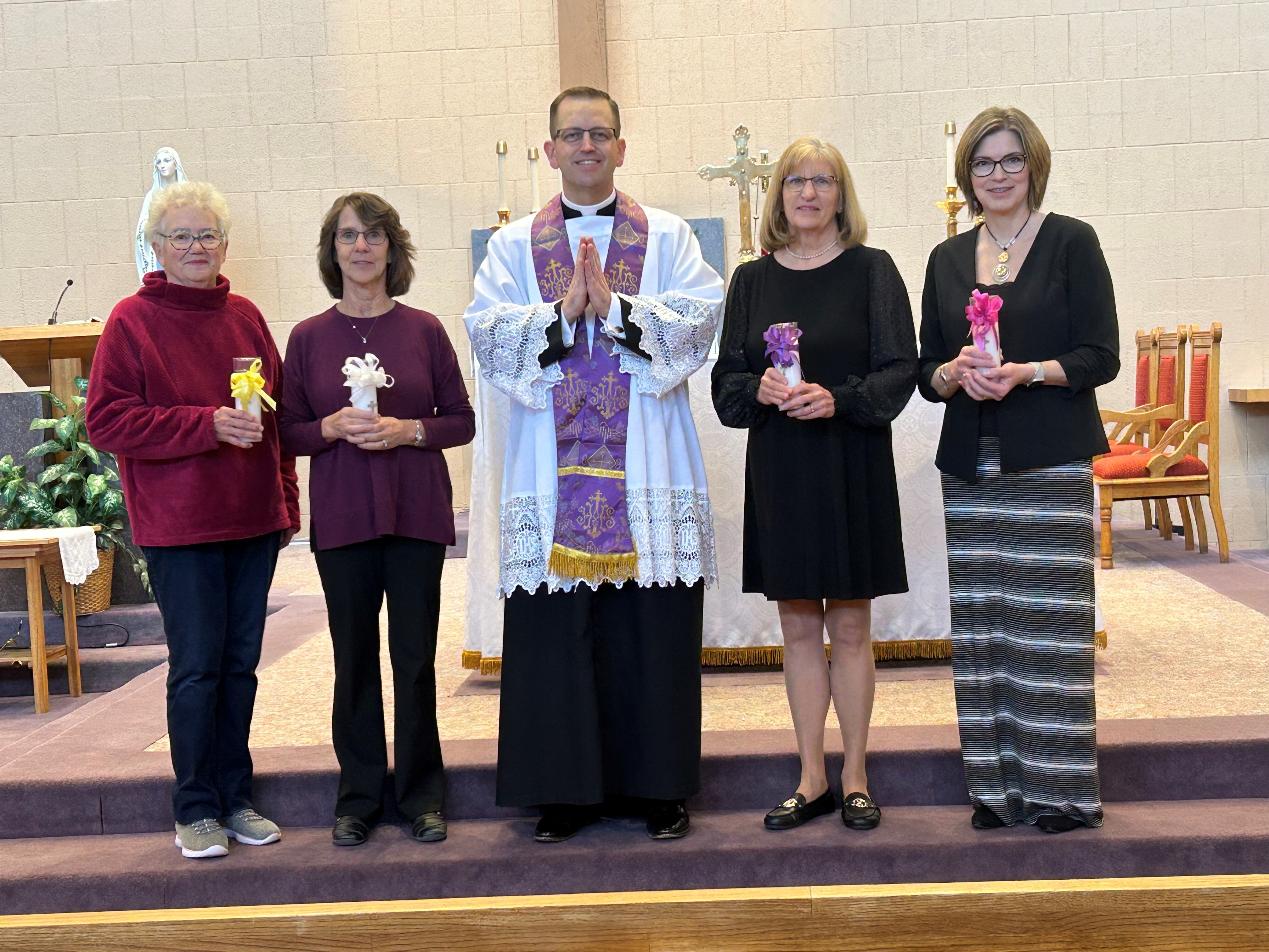 Marlene Haller, Treasurer;
Velora Riese (proxy Liz Rubin), Secretary;
Fr. Sean Timmerman, Pastor;
Sue White-Hamilton, Vice President;
Traci Schuette, President